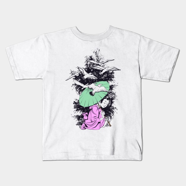 Geisha With Umbrella & Birds Kids T-Shirt by MarinasingerDesigns